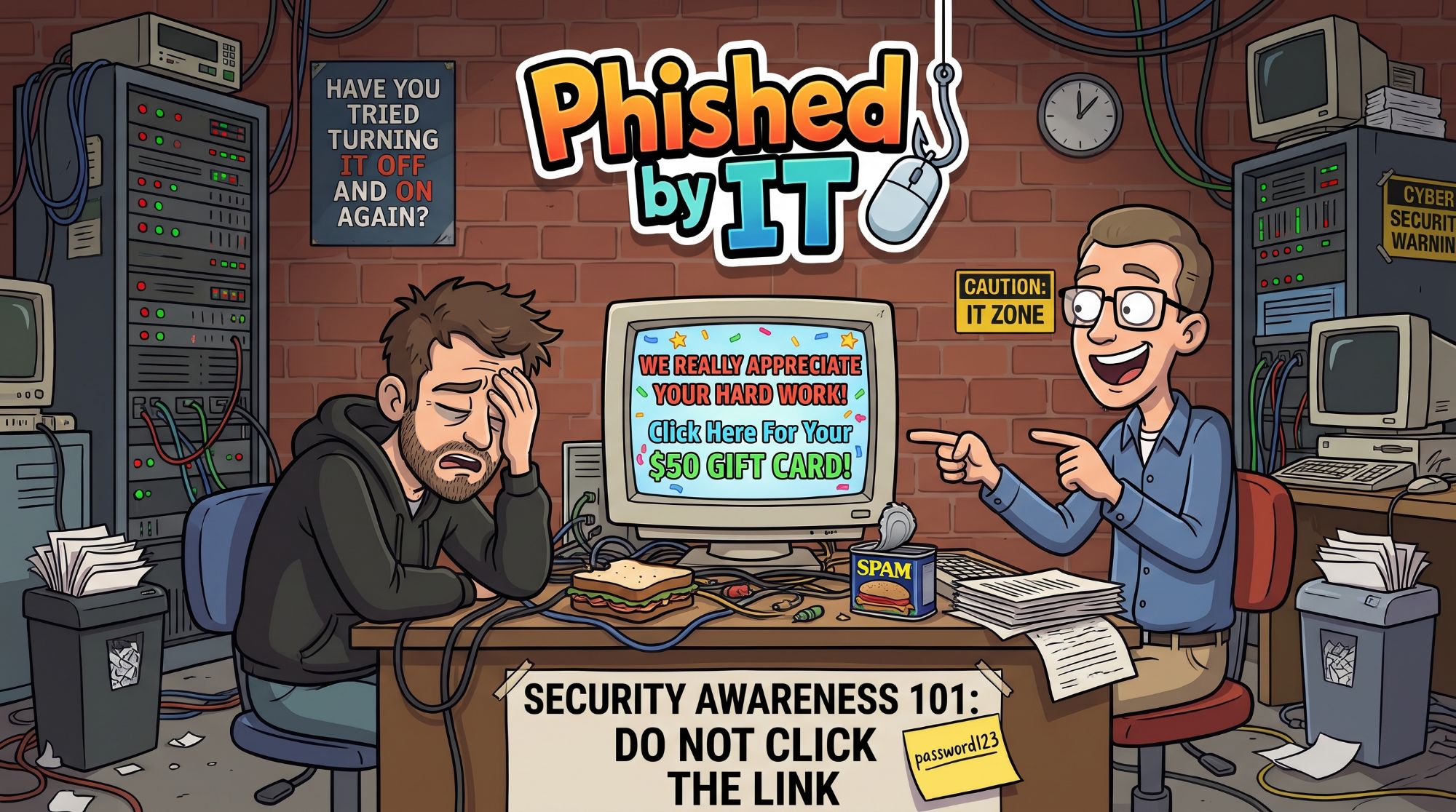Cartoon of an IT office: a tired employee facepalms in front of a monitor reading 'We really appreciate your hard work! Click here for your $50 gift card!' while a grinning IT guy points at him. A sign on the desk says 'Security Awareness 101: Do not click the link.'